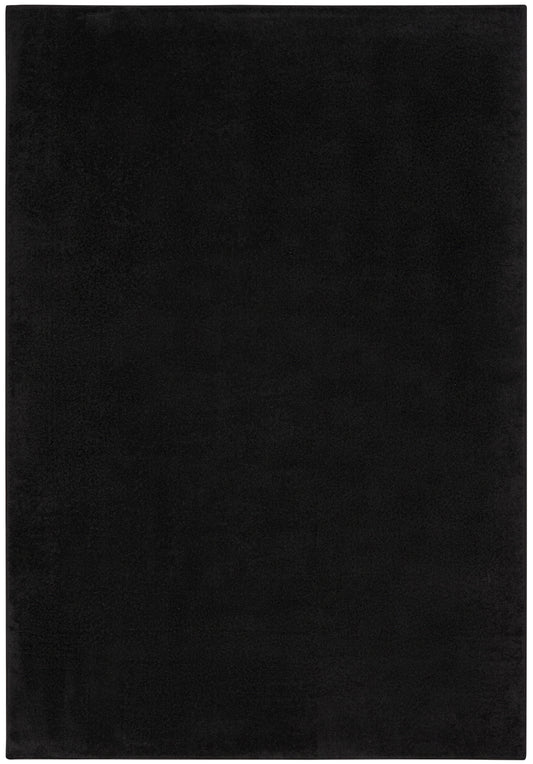 Black rectangular rug with a plush velvety pile and matte finish.