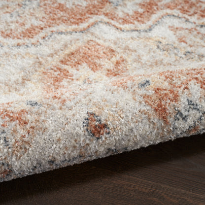 Close-up of a plush high-pile rug in cream, peach, terracotta & pale blue on dark wood floor.