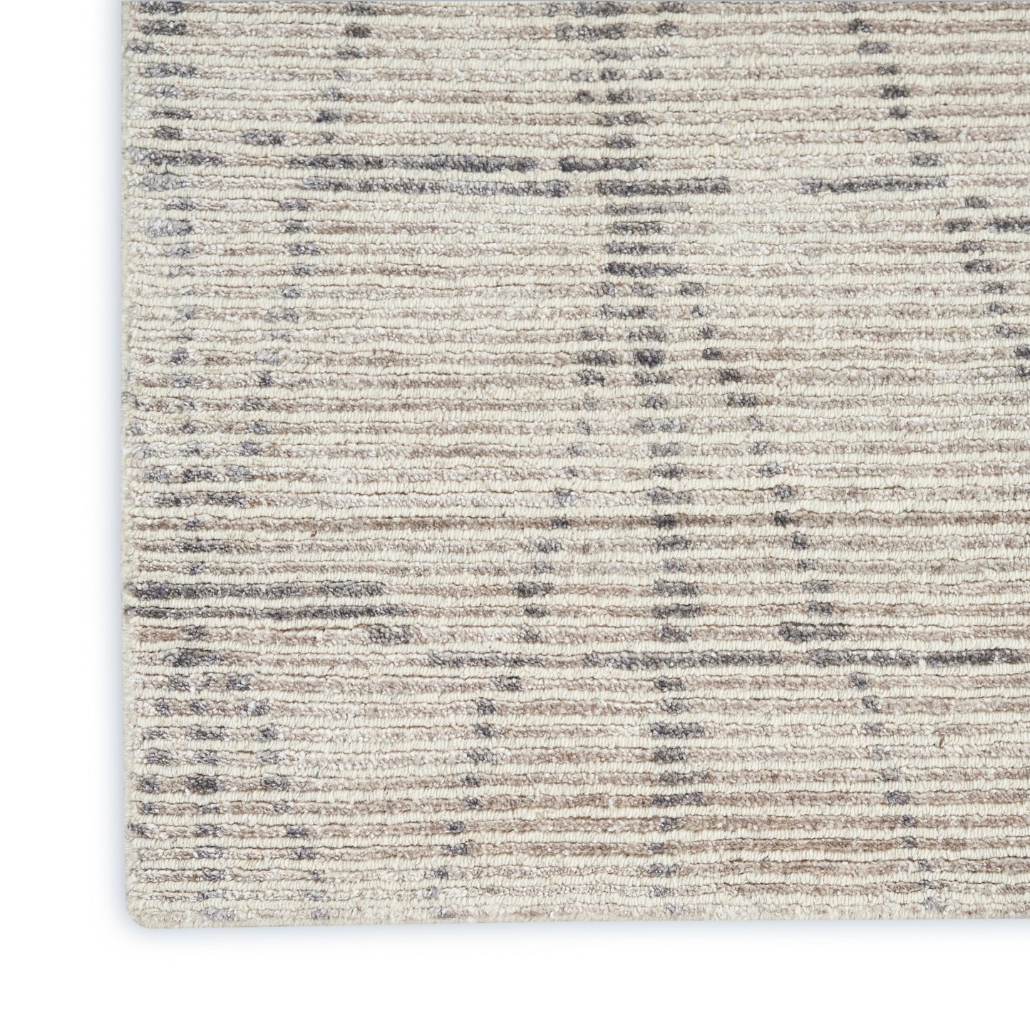 Beige rectangular woven rug with muted gray geometric lattice pattern; soft texture for living room decor.