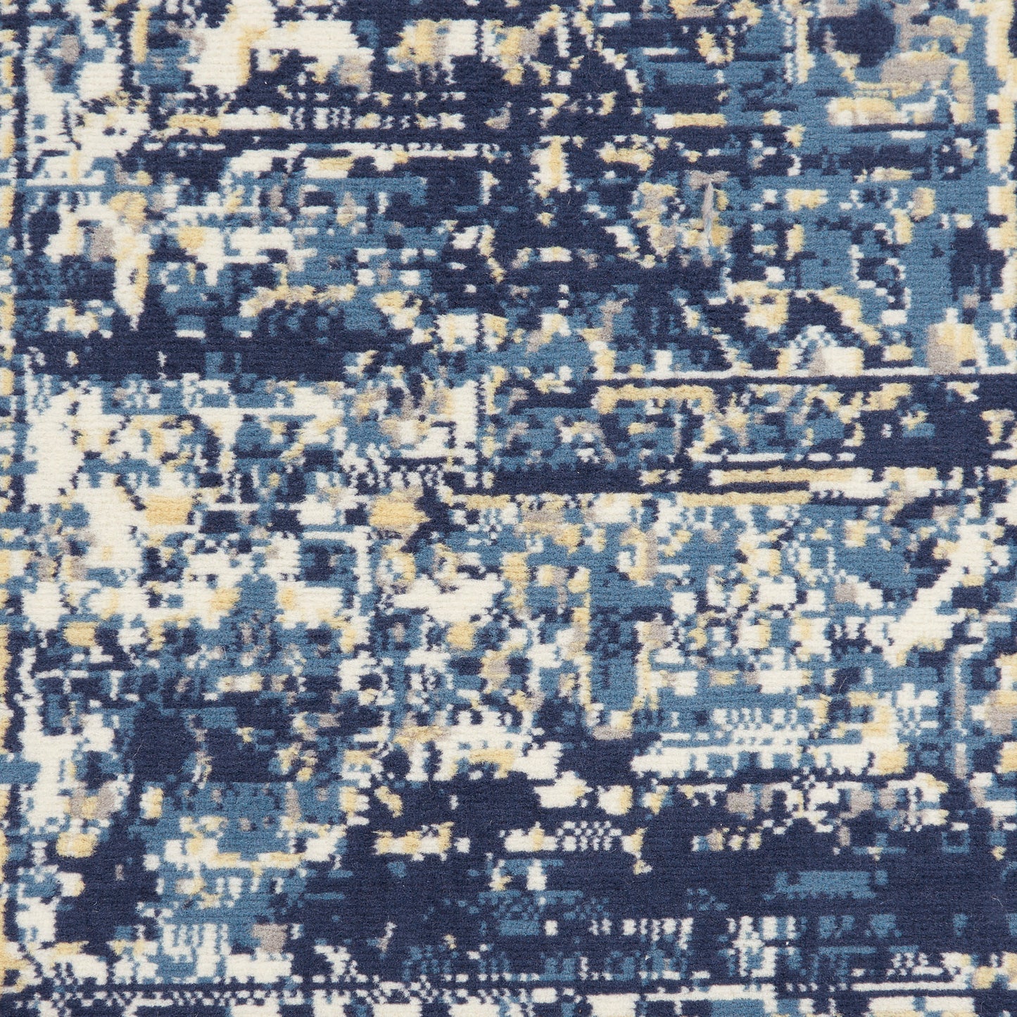 Abstract distressed blue area rug with navy, sky blue, cream & pale yellow speckled pattern; modern woven style.