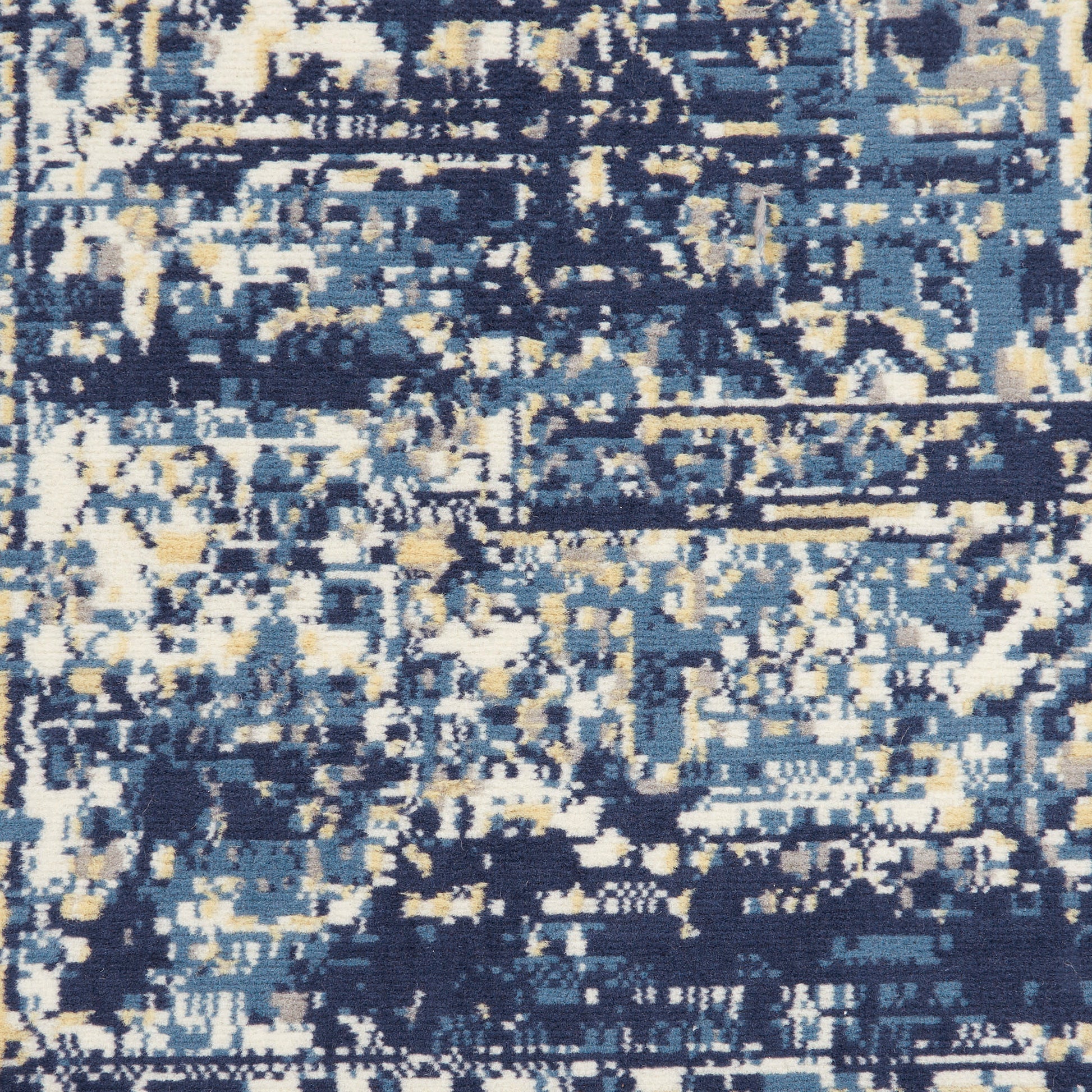 Abstract distressed blue area rug with navy, sky blue, cream & pale yellow speckled pattern; modern woven style.