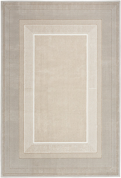 Neutral beige rectangular rug with layered cream and taupe borders, featuring a central beige field and geometric framing.