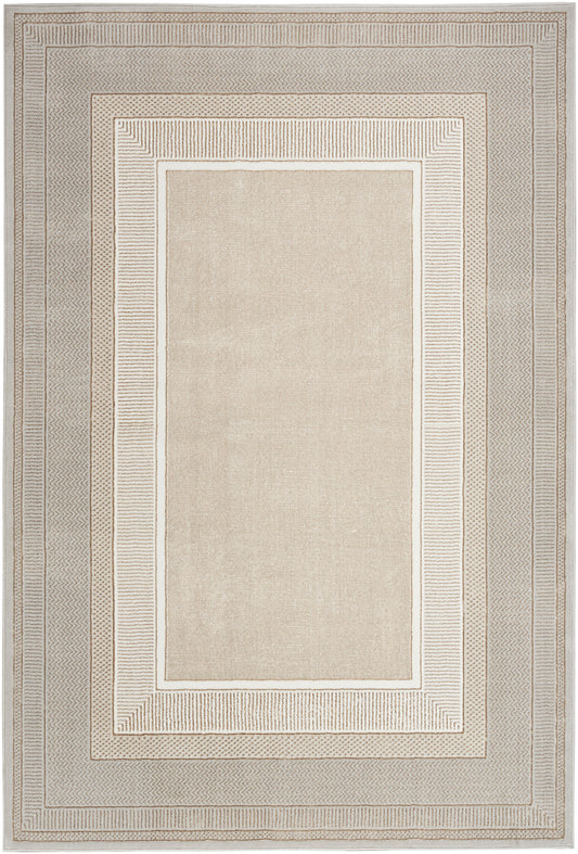 Neutral beige rectangular rug with layered cream and taupe borders, featuring a central beige field and geometric framing.