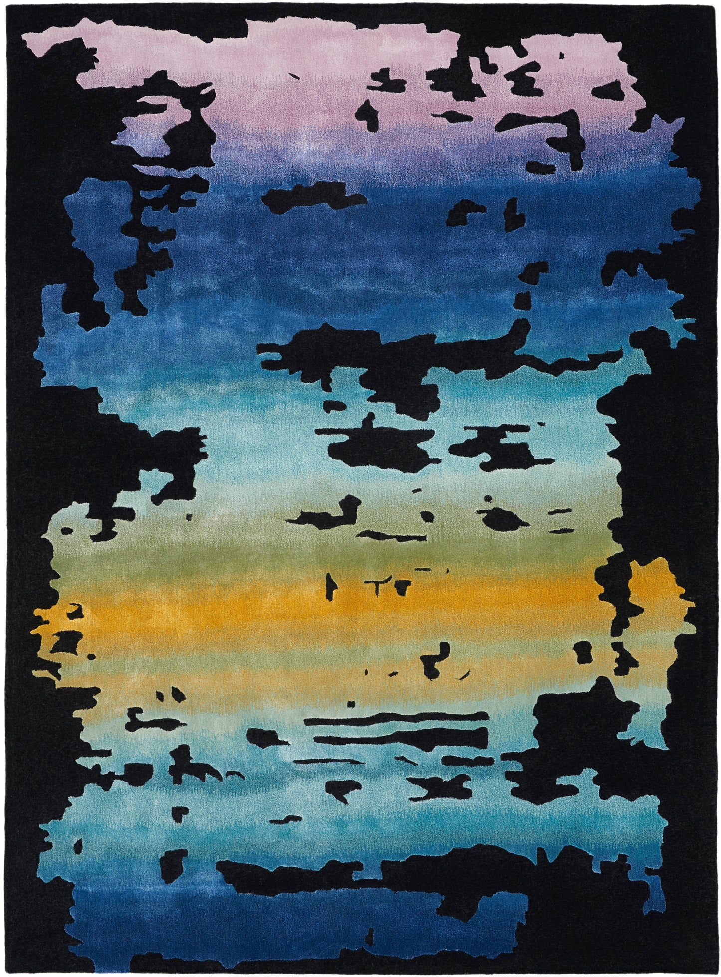 Rectangular rug with gradient sunset colors, pink to purple to blue to orange, black abstract shapes for a modern look.