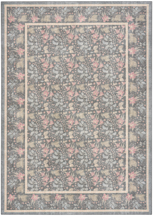 Patterned area rug with gray base, pink floral accents and cream borders; vintage Persian-inspired design.
