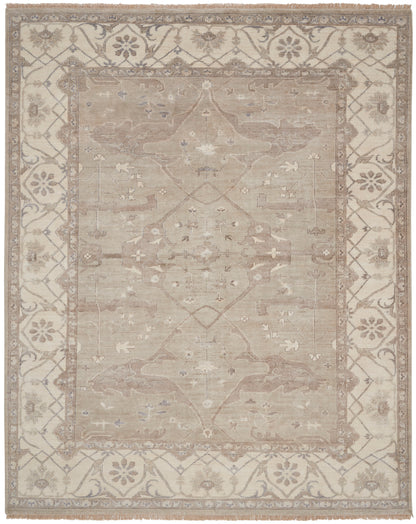 Neutral beige and ivory oriental area rug with distressed field, floral border and central medallions, wool blend.