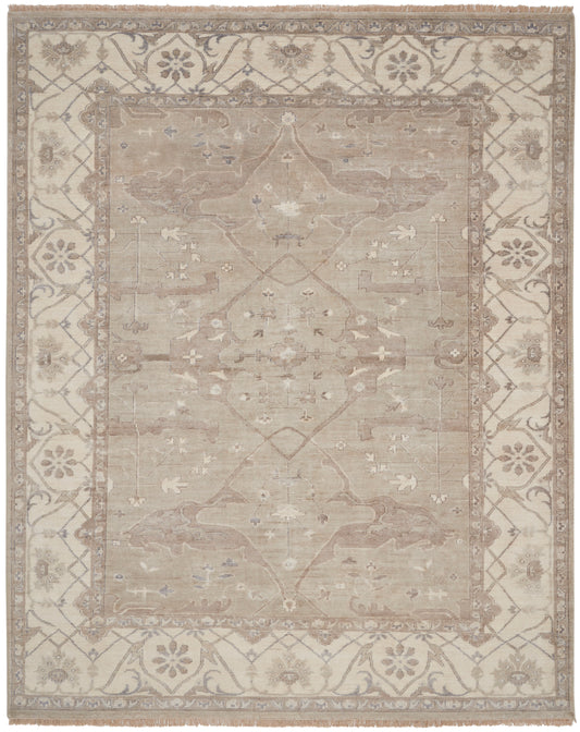 Neutral beige and ivory oriental area rug with distressed field, floral border and central medallions, wool blend.