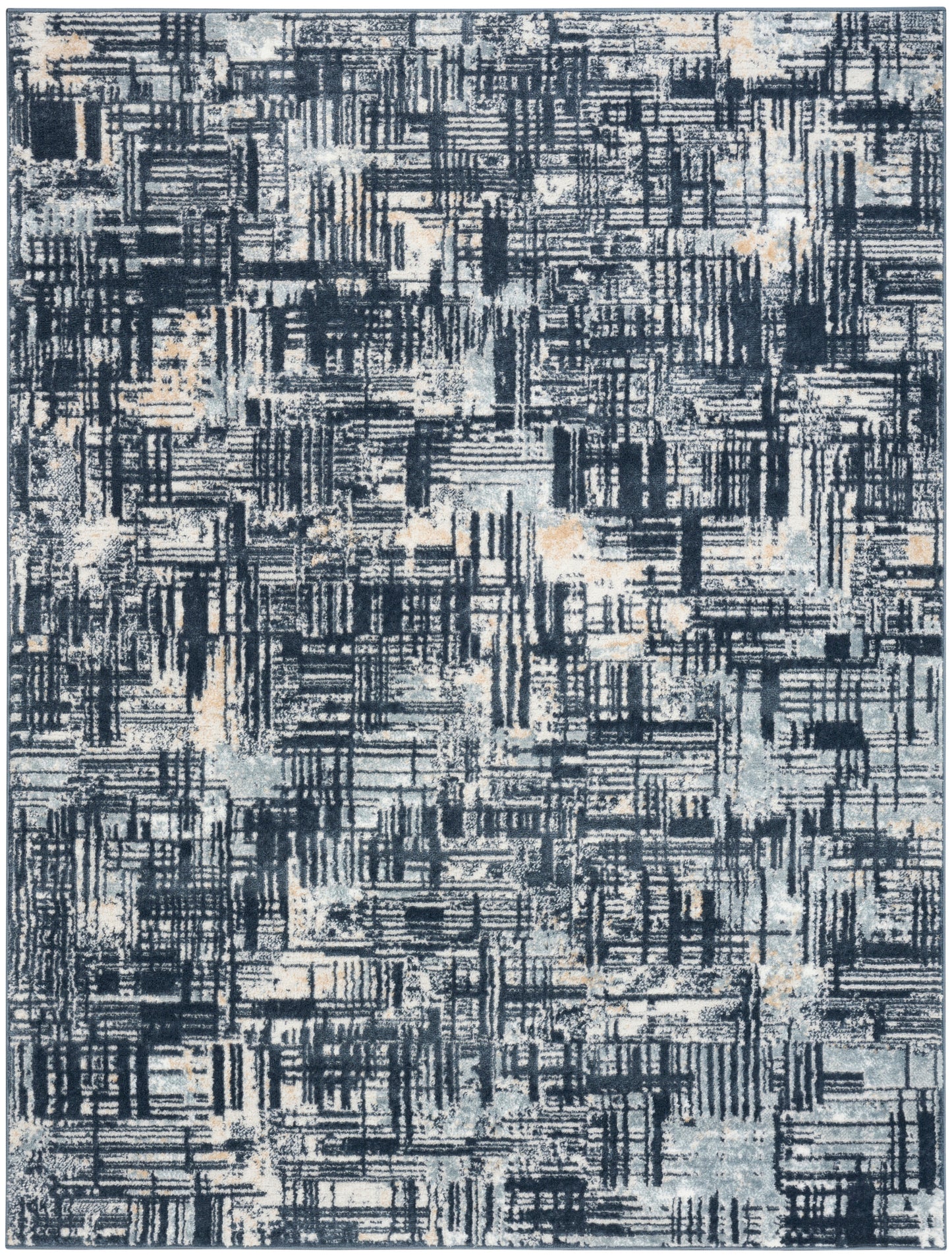 Abstract geometric area rug in navy blue, gray, and beige with brushstroke patterns; modern, textured.