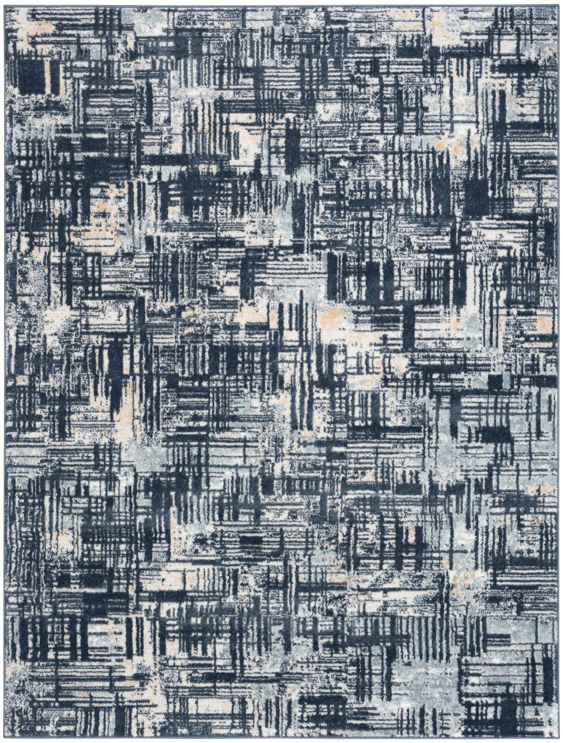 Abstract geometric area rug in navy blue, gray, and beige with brushstroke patterns; modern, textured.