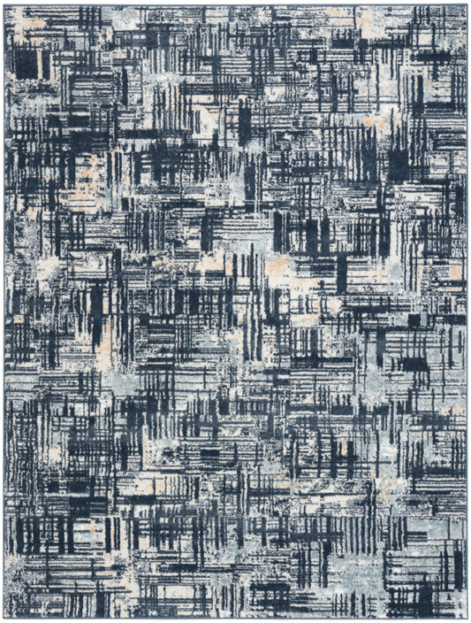 Abstract geometric area rug in navy blue, gray, and beige with brushstroke patterns; modern, textured.