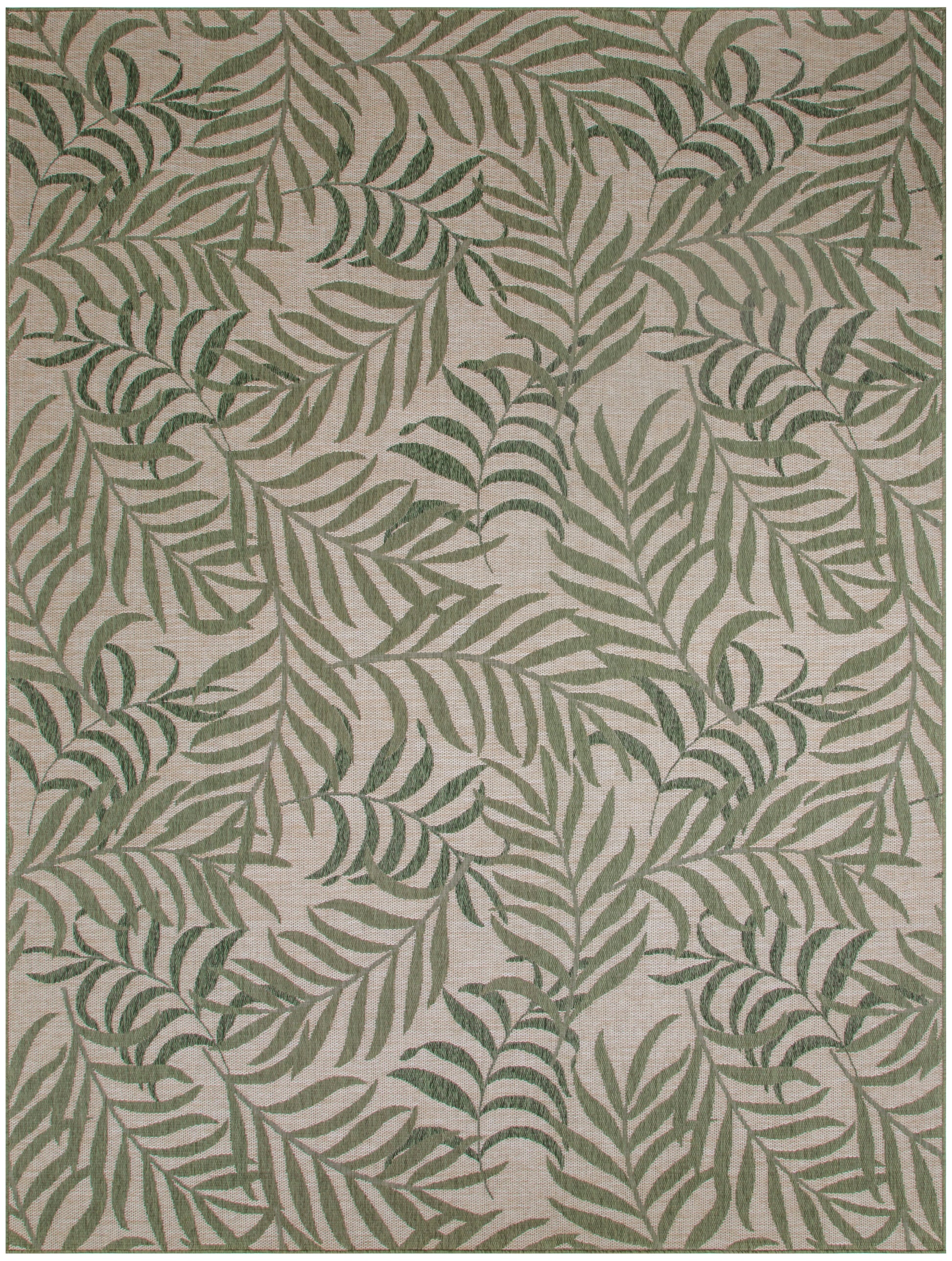 Rectangular outdoor rug with green palm leaf pattern on beige background; botanical, woven-textured look.