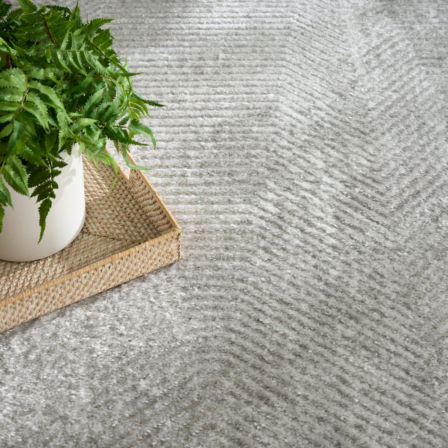 Green fern in white pot on woven rattan tray atop textured grey rug with a wave pattern.