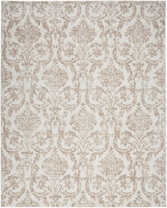 Beige damask floral pattern on cream background; elegant, classic wallpaper or upholstery fabric.