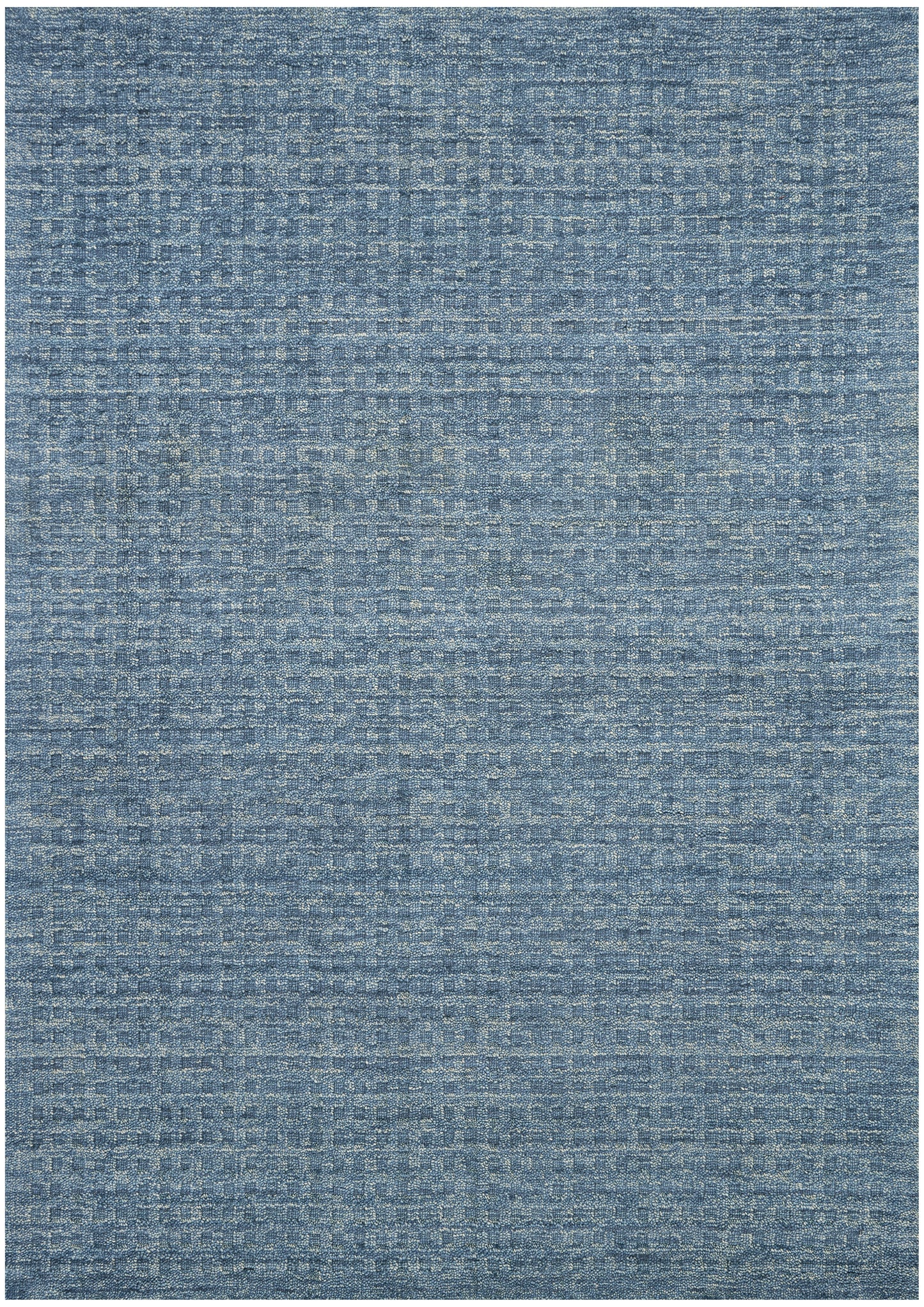 Blue textured woven rug with subtle gray speckles; rectangular flat-weave style for living room decor.