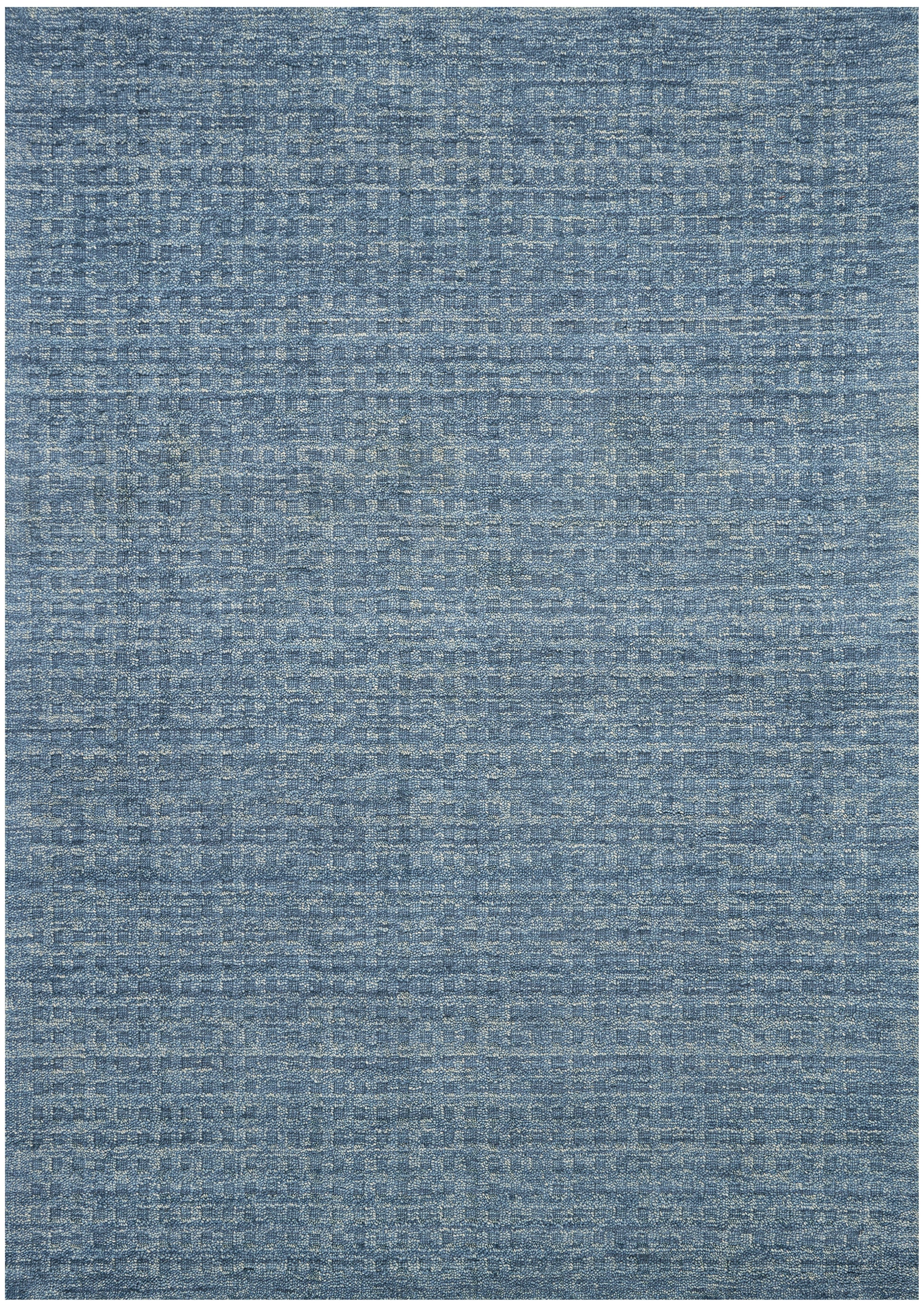 Blue textured woven rug with subtle gray speckles; rectangular flat-weave style for living room decor.
