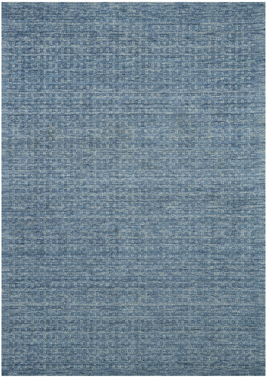Blue textured woven rug with subtle gray speckles; rectangular flat-weave style for living room decor.