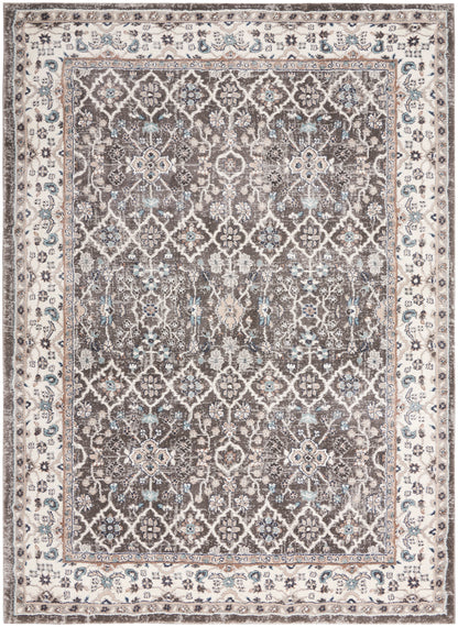 Intricate oriental rug with brown central field, cream border, and blue-cream floral lattice patterns.