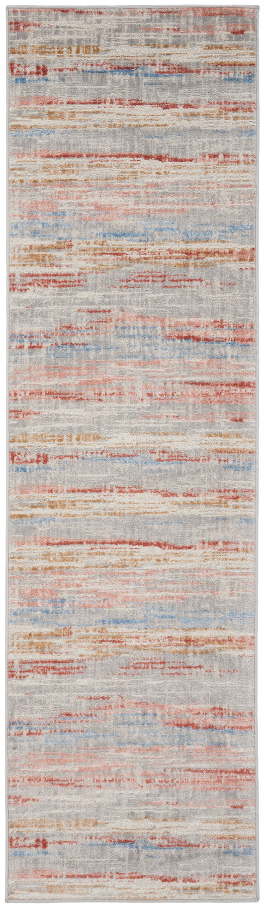 Long narrow area rug with abstract horizontal stripes in peach, blue and ivory; distressed woven texture.