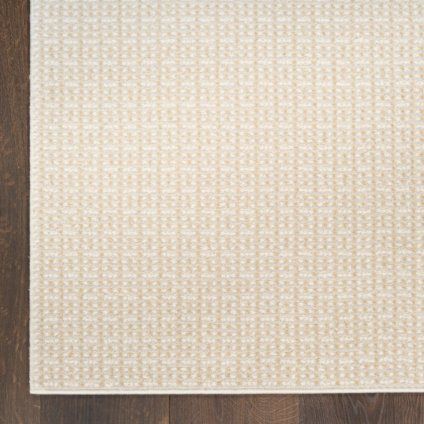 Beige woven rectangular area rug with subtle grid pattern and light border on dark hardwood floor.