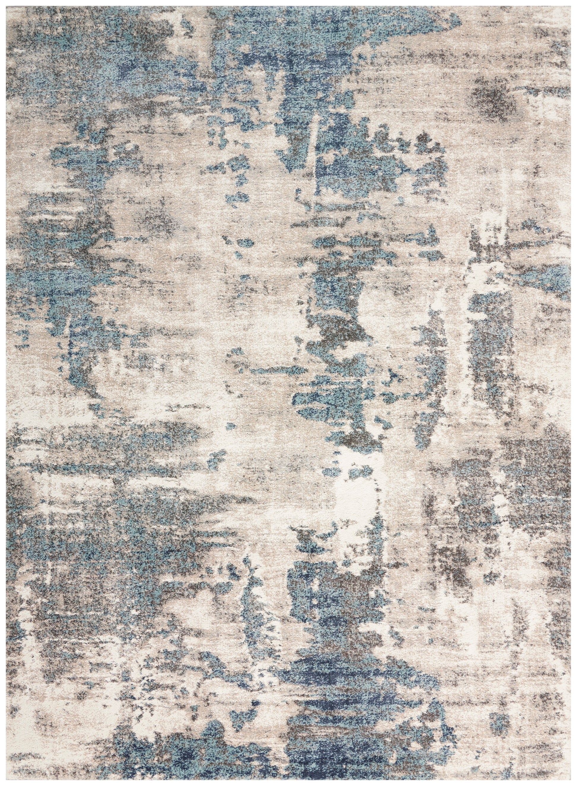 Rectangular beige area rug with blue-gray abstract, distressed pattern for modern living spaces.