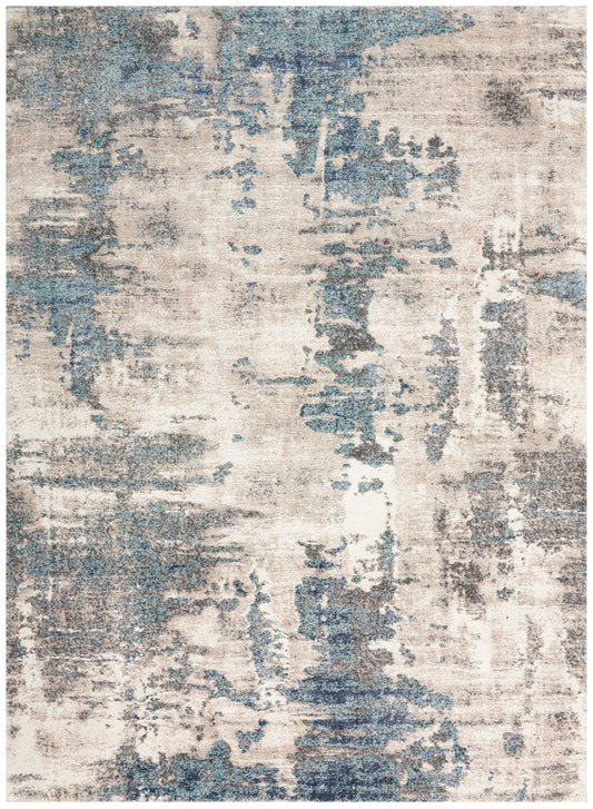 Rectangular beige area rug with blue-gray abstract, distressed pattern for modern living spaces.