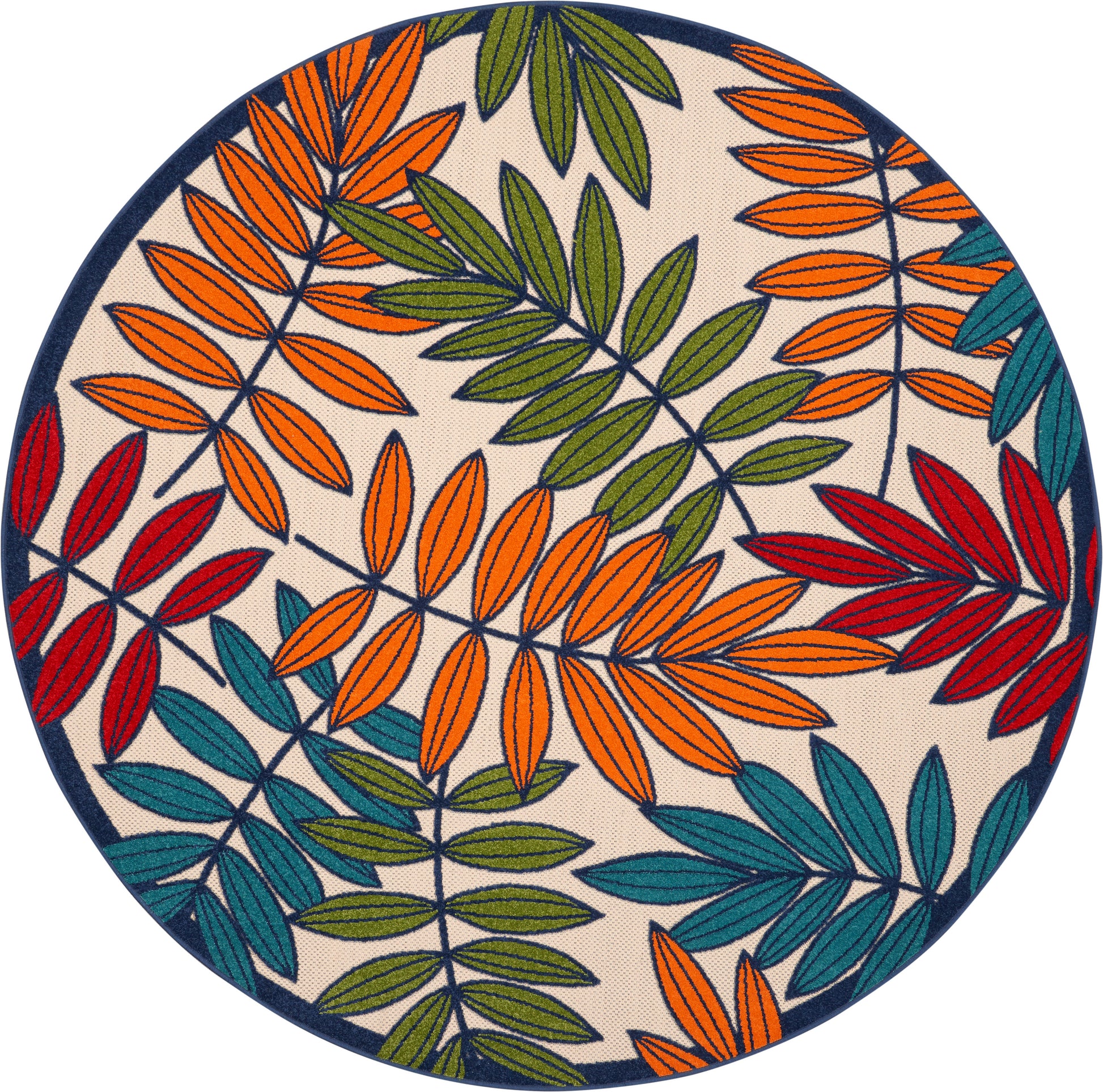 Round rug with vivid multicolor leaf pattern in orange, green, teal and red on beige with a navy edge.