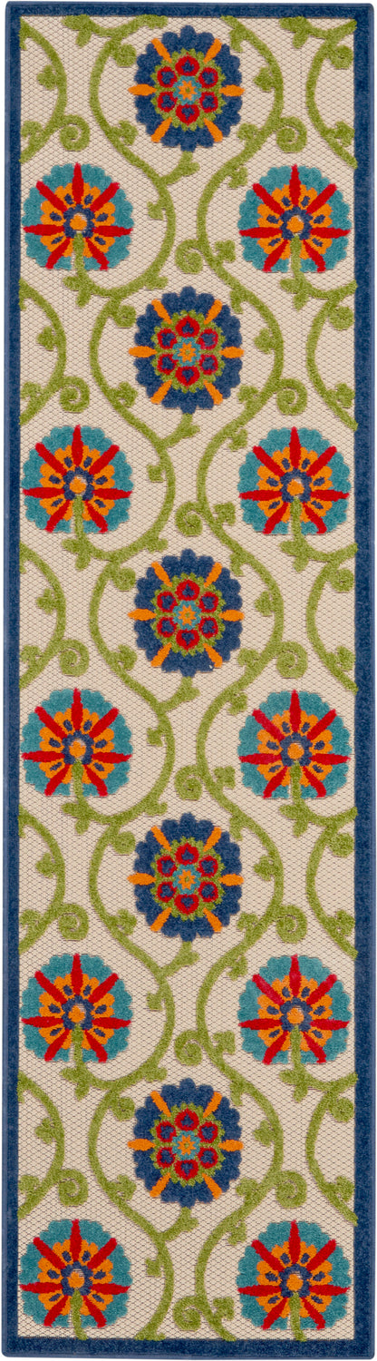 6' runner rug with beige background, blue border, and green vines with circular floral medallions in blue, orange, and red.