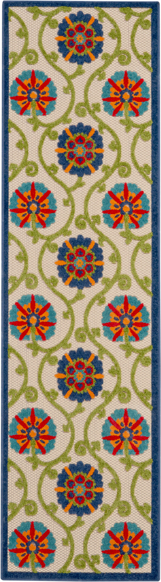 6' runner rug with beige background, blue border, and green vines with circular floral medallions in blue, orange, and red.
