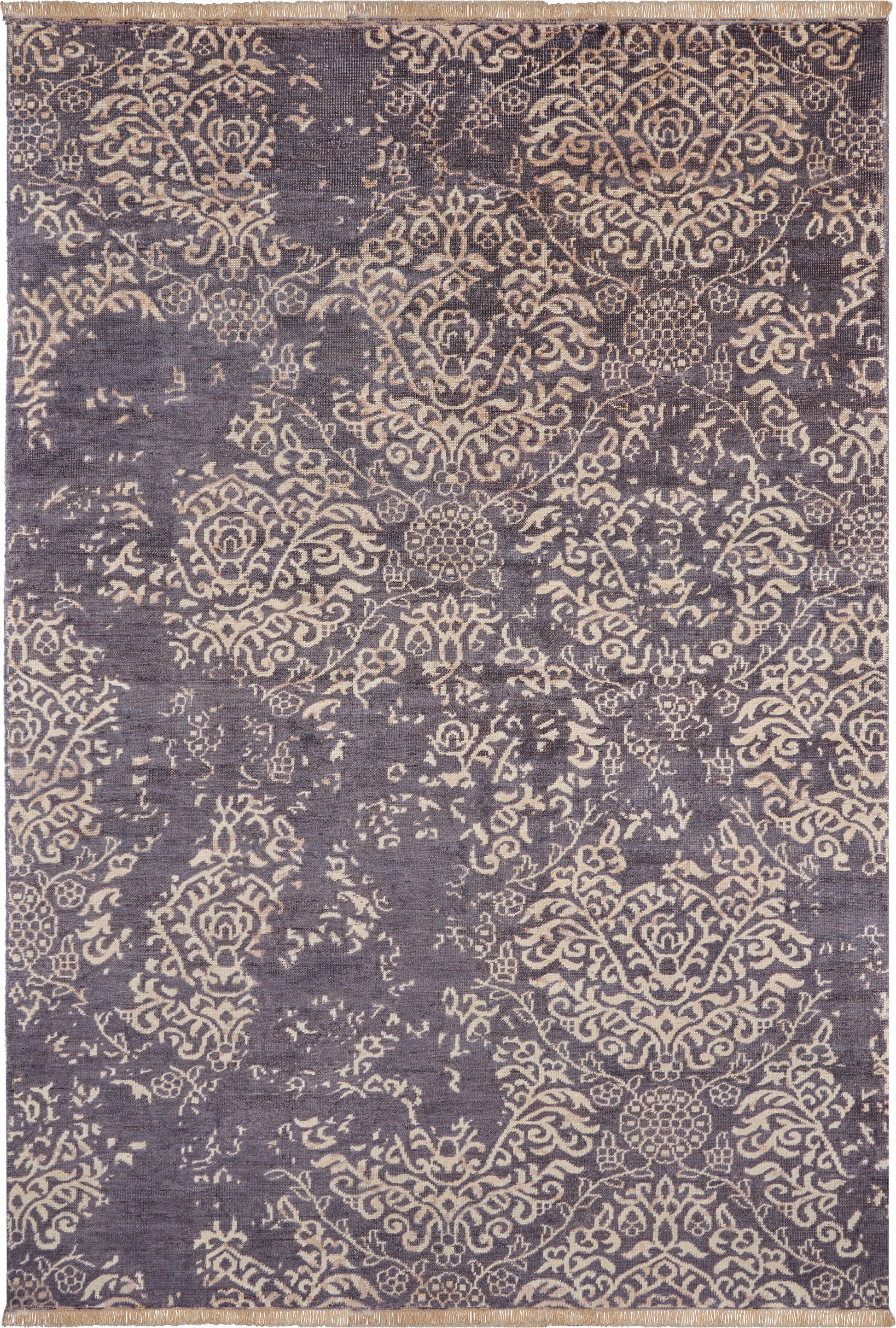Purple rug with beige damask floral patterns and medallions, vintage ornate floor covering.