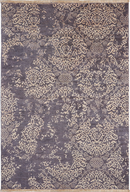 Purple rug with beige damask floral patterns and medallions, vintage ornate floor covering.