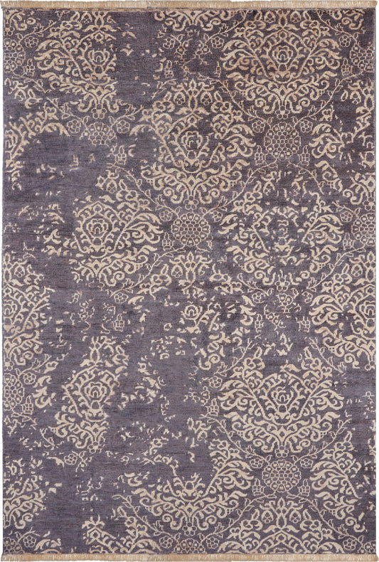 Purple rug with beige damask floral patterns and medallions, vintage ornate floor covering.