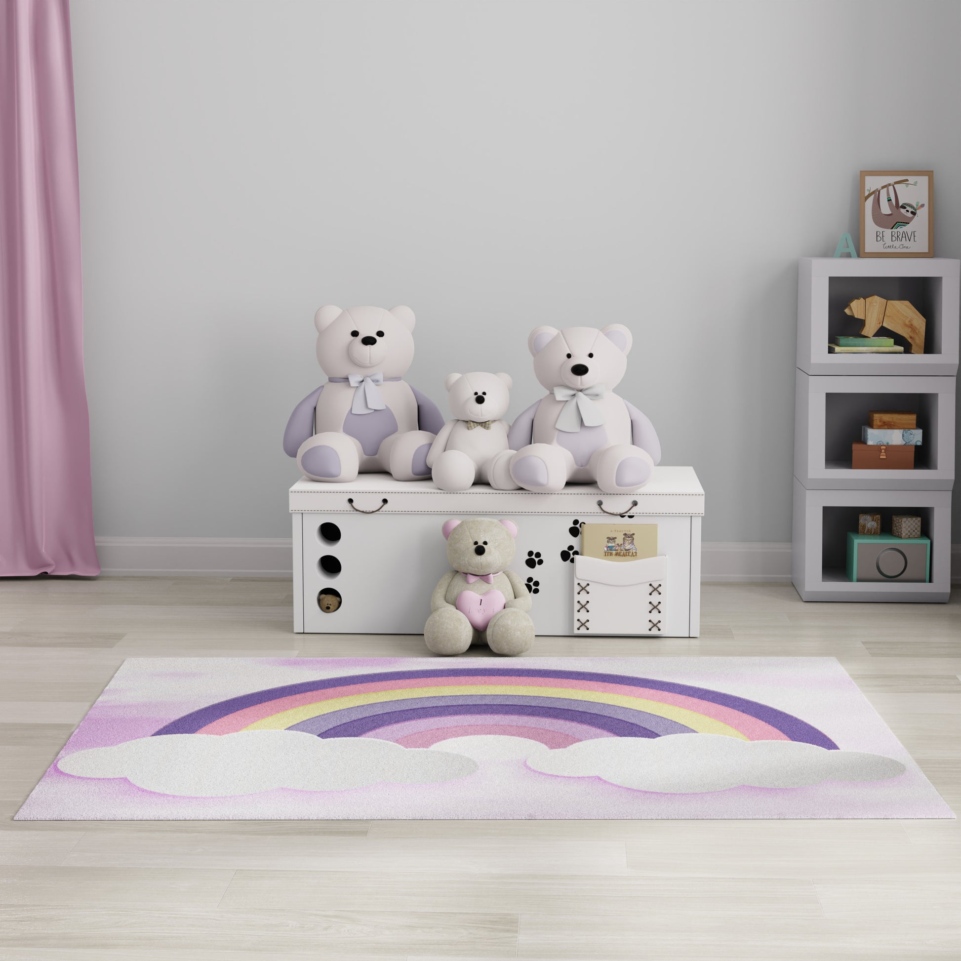 Pastel purple and white plush teddy bears with bows on a white toy bench, plus a small bear on a pastel rainbow rug.
