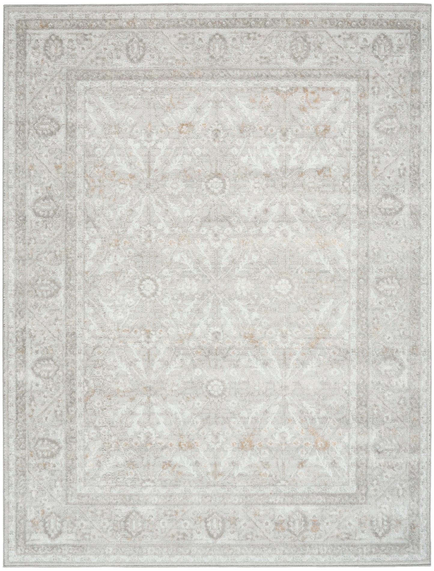 Soft beige-gray distressed oriental area rug with floral medallions and layered borders.