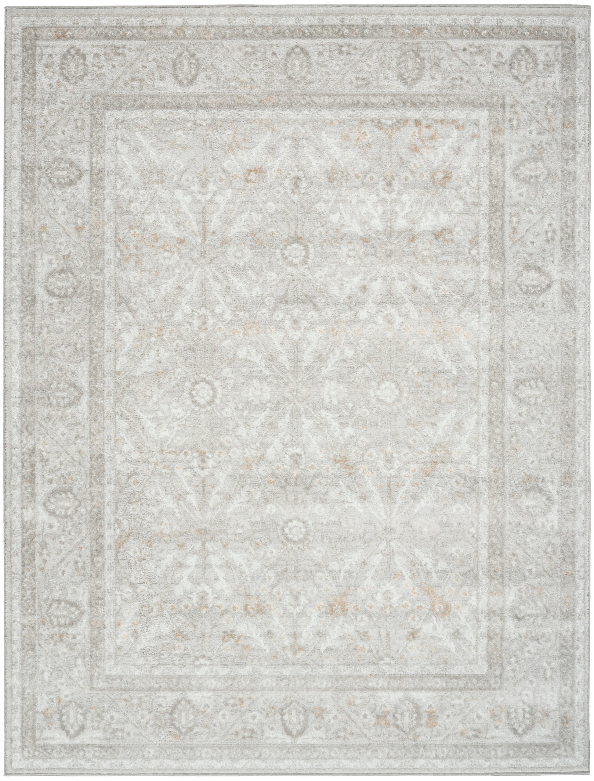 Soft beige-gray distressed oriental area rug with floral medallions and layered borders.