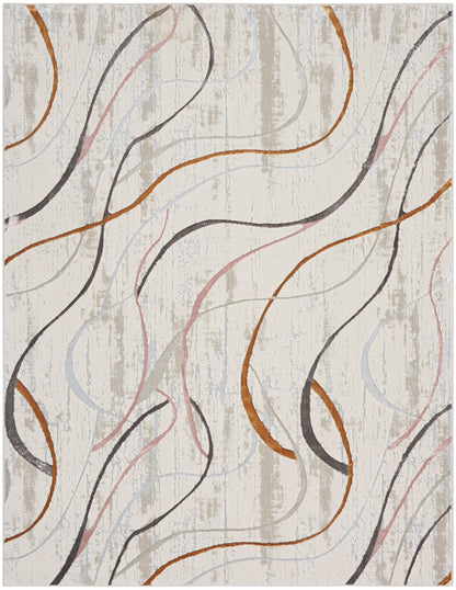 Abstract-pattern area rug with sinuous rust, charcoal, and pale pink curves on a light beige background.