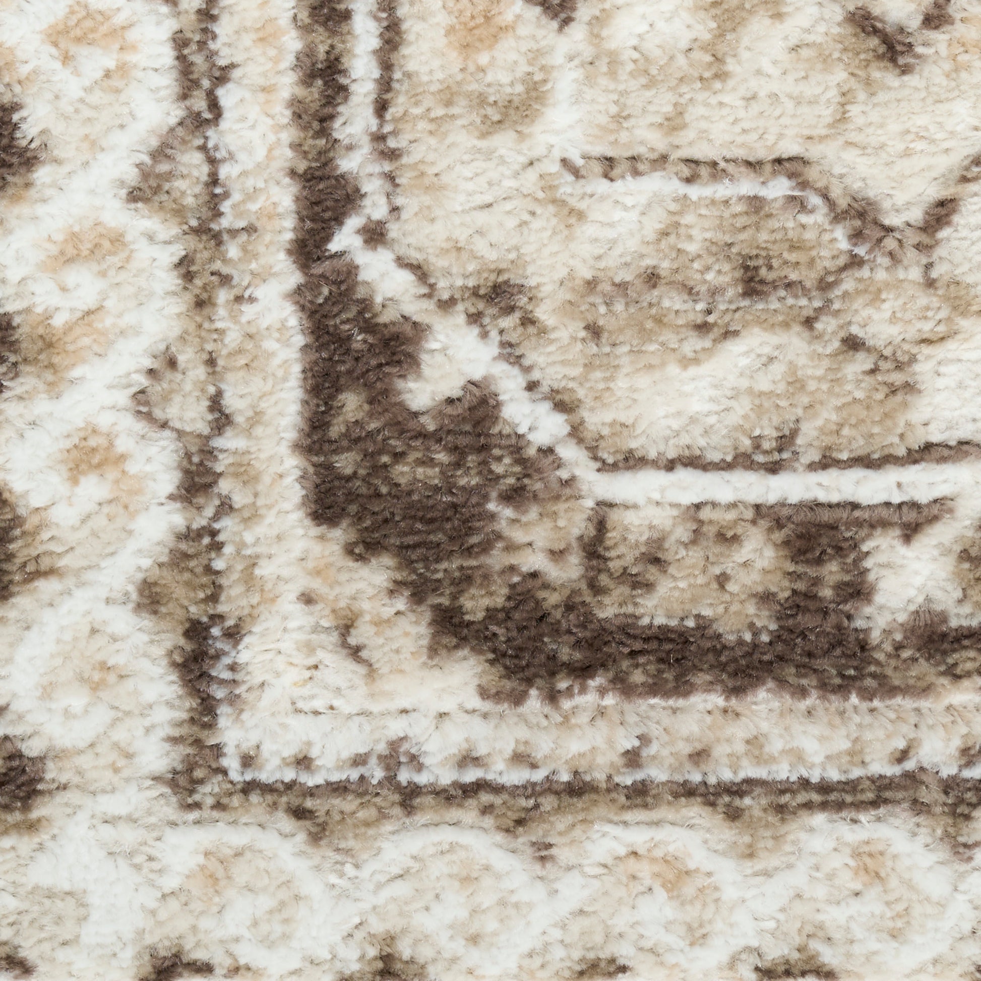 Close-up of a beige cream and brown fluffy shag rug with a geometric border pattern.