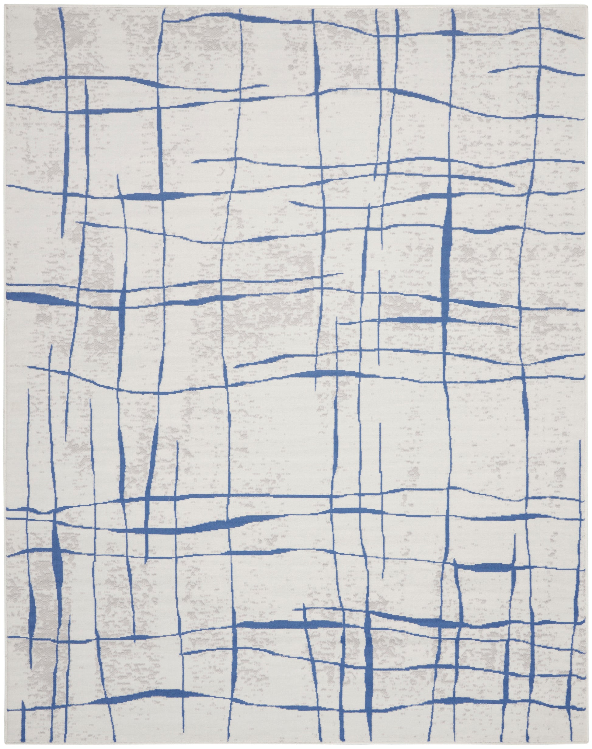 Abstract blue grid rug with irregular vertical and horizontal lines on a textured cream background.