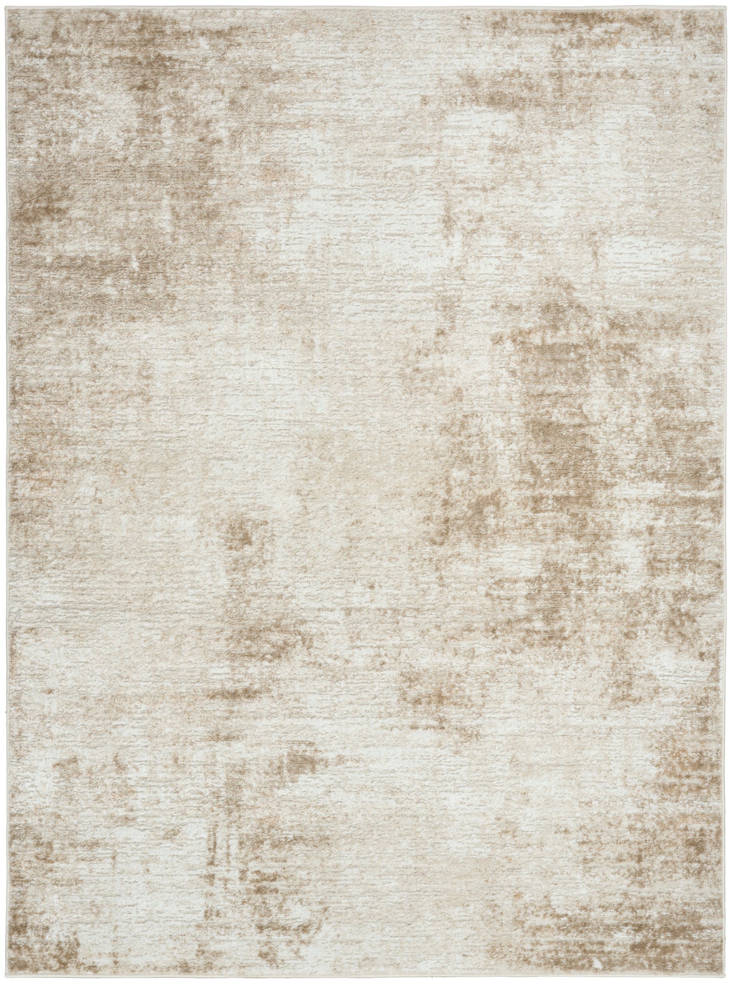 Beige and cream distressed area rug with a soft, mottled pattern for neutral living room decor.