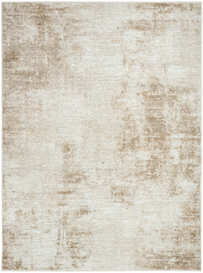 Beige and cream distressed area rug with a soft, mottled pattern for neutral living room decor.