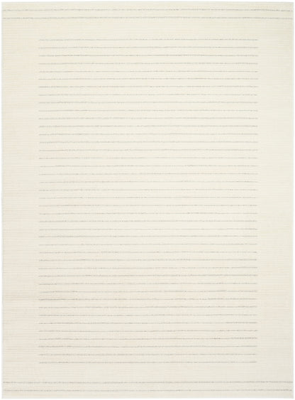 Cream rectangular rug with subtle thin gray horizontal stripes; modern minimalist home decor.