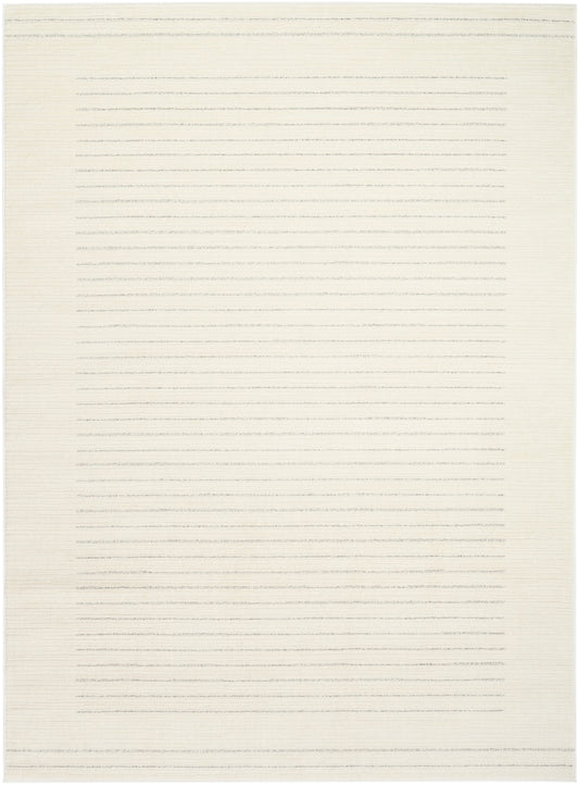 Cream rectangular rug with subtle thin gray horizontal stripes; modern minimalist home decor.