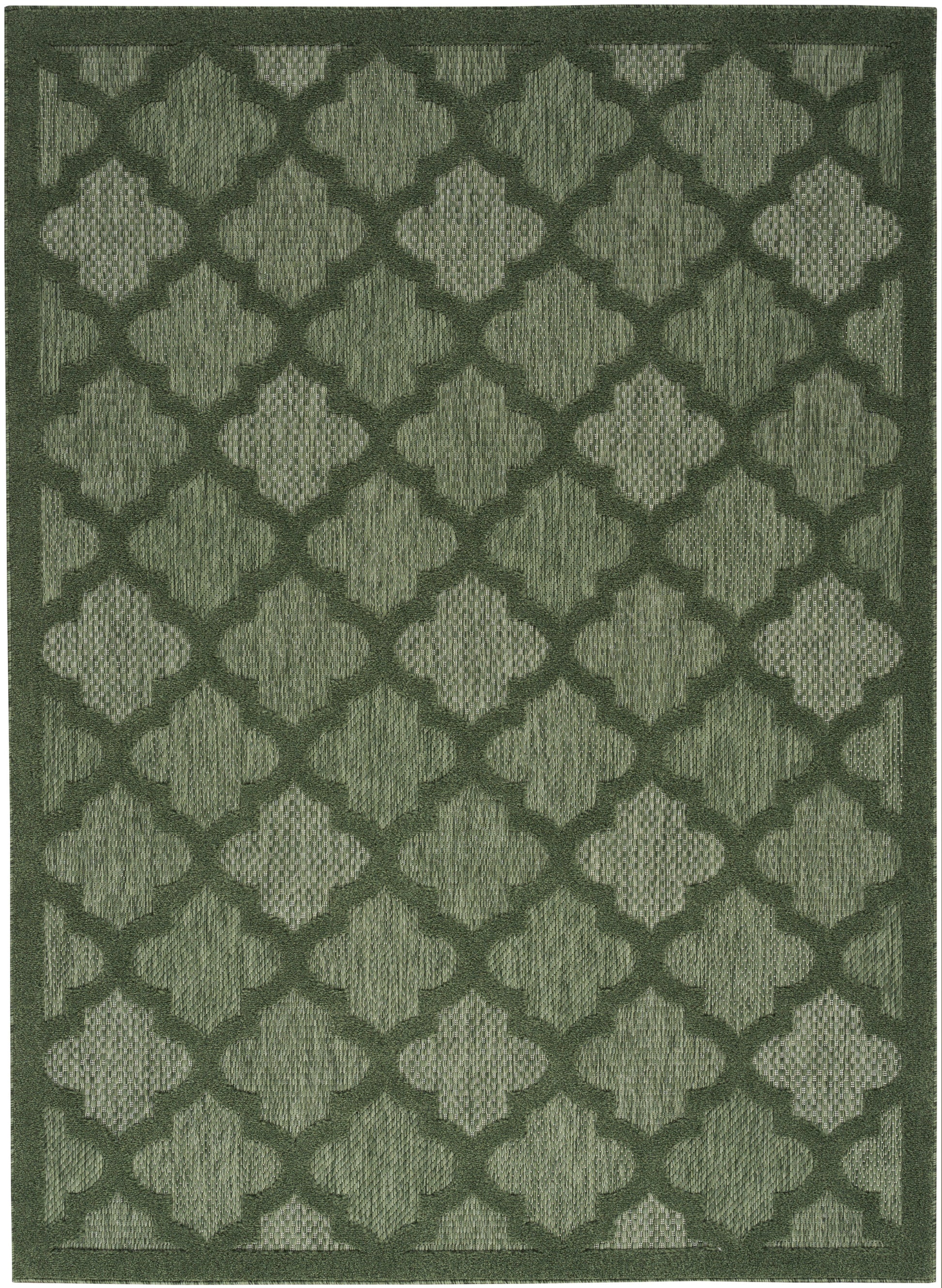 Dark-green rug featuring a lighter olive-green trellis quatrefoil lattice and textured woven stripes.