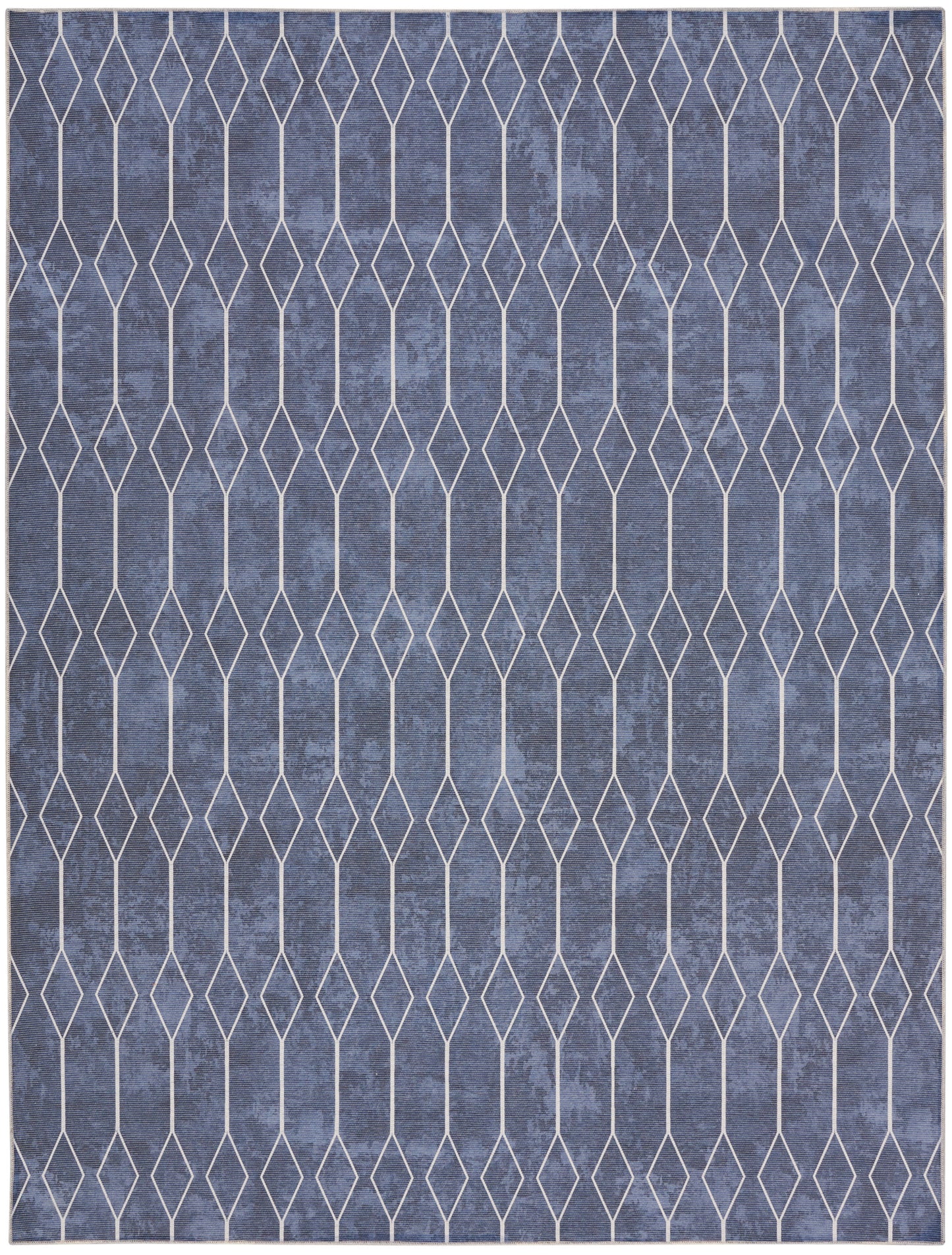 Blue area rug with white diamond lattice pattern for contemporary decor.