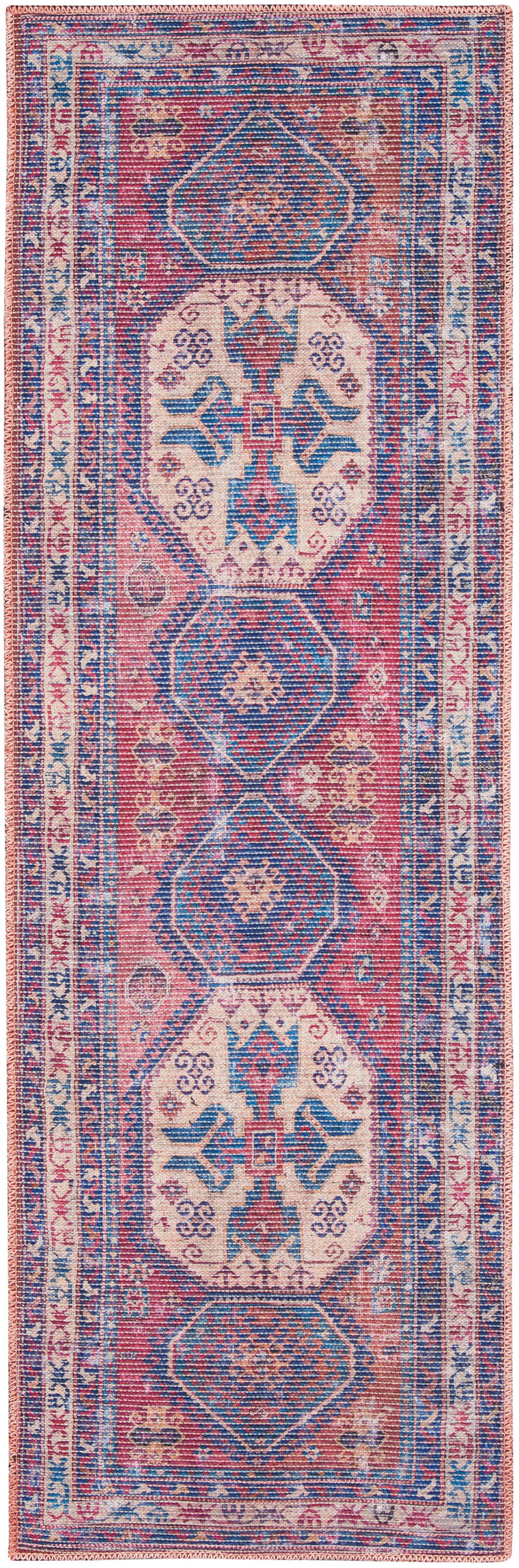 Narrow kilim-style Persian runner rug in red, blue and cream with geometric medallions and border.