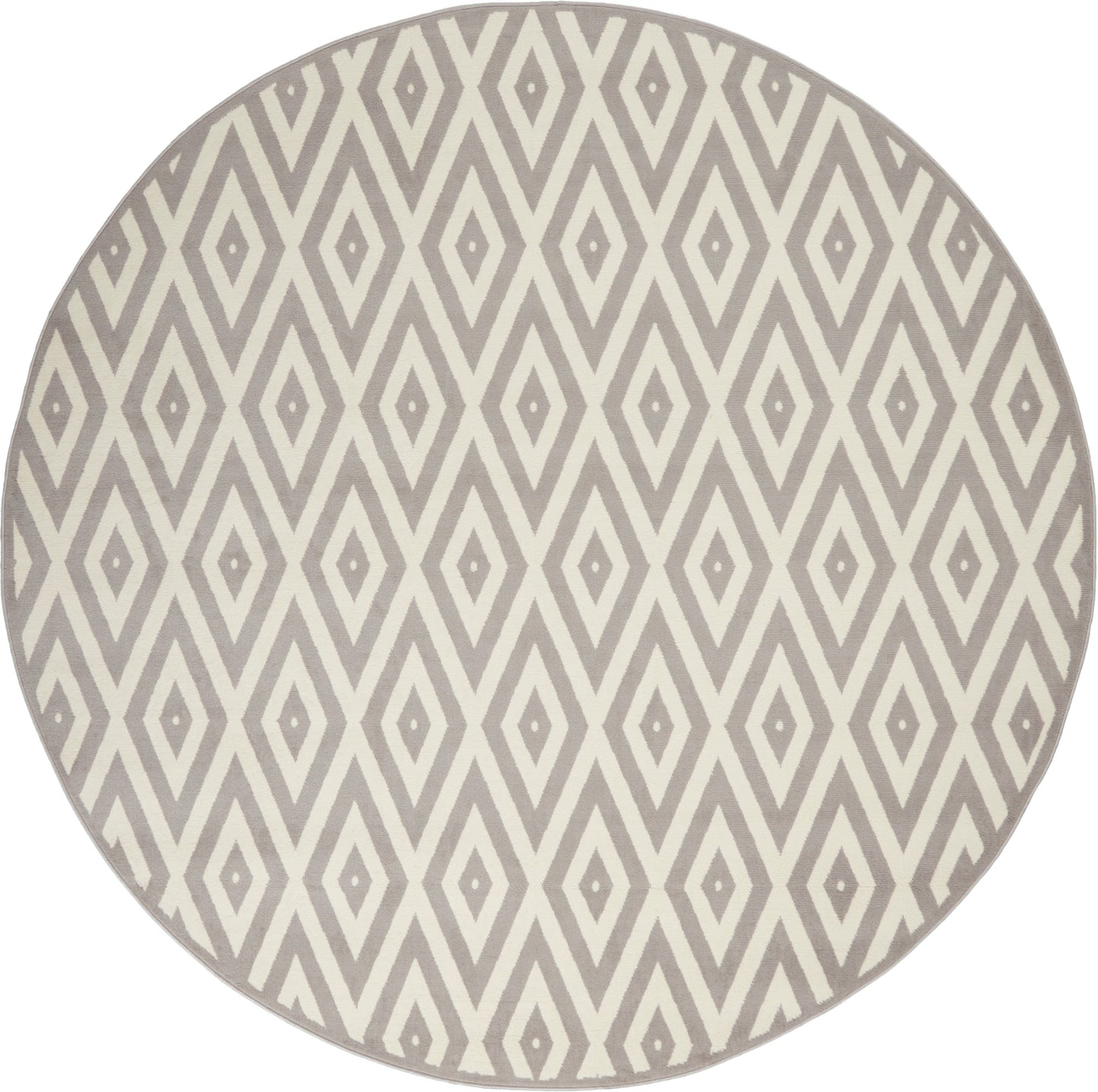 Round rug with a gray and ivory diamond lattice pattern; mid-century modern geometric style.