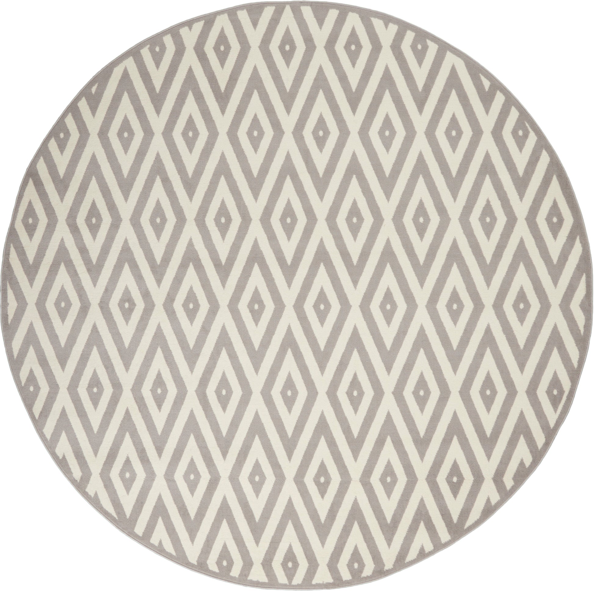 Round rug with a gray and ivory diamond lattice pattern; mid-century modern geometric style.