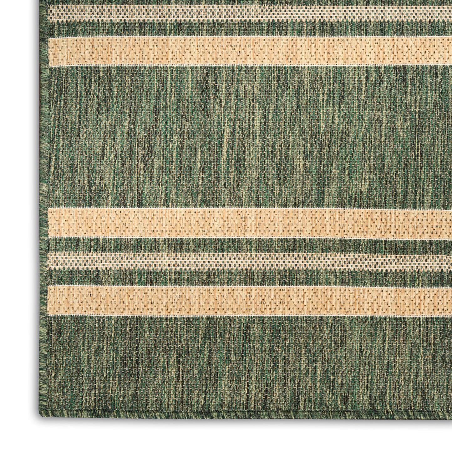 Green flat-weave rug with tan dotted stripes in horizontal bands; textured woven fabric.