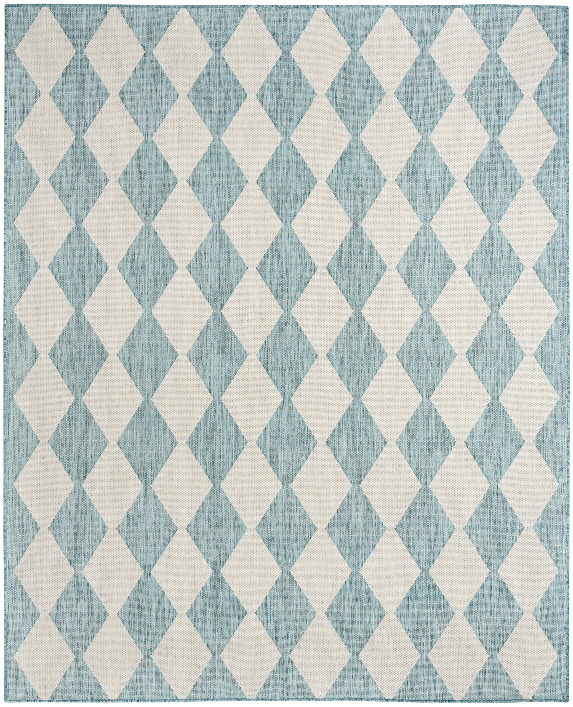 Blue textured rug with cream diamond argyle pattern on teal-blue weave.