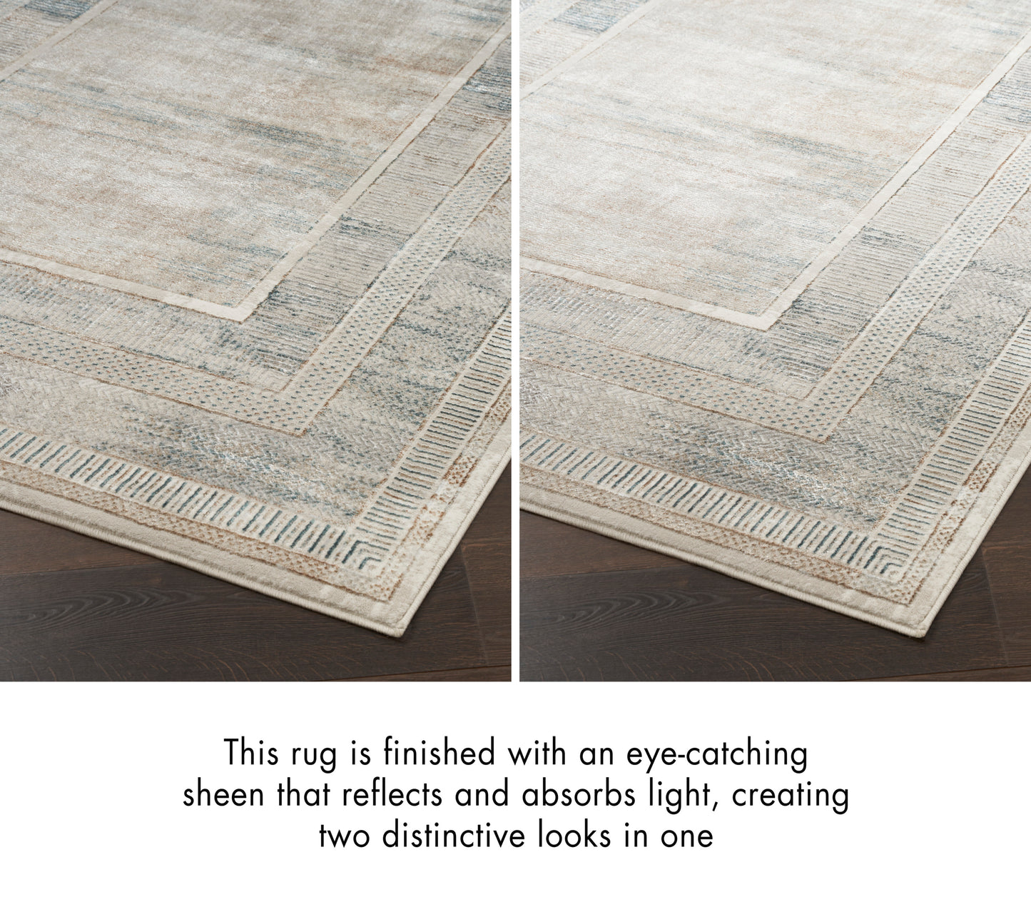 Rectangular gray-beige area rug with layered geometric borders and a subtle, light-reflective sheen for two looks.