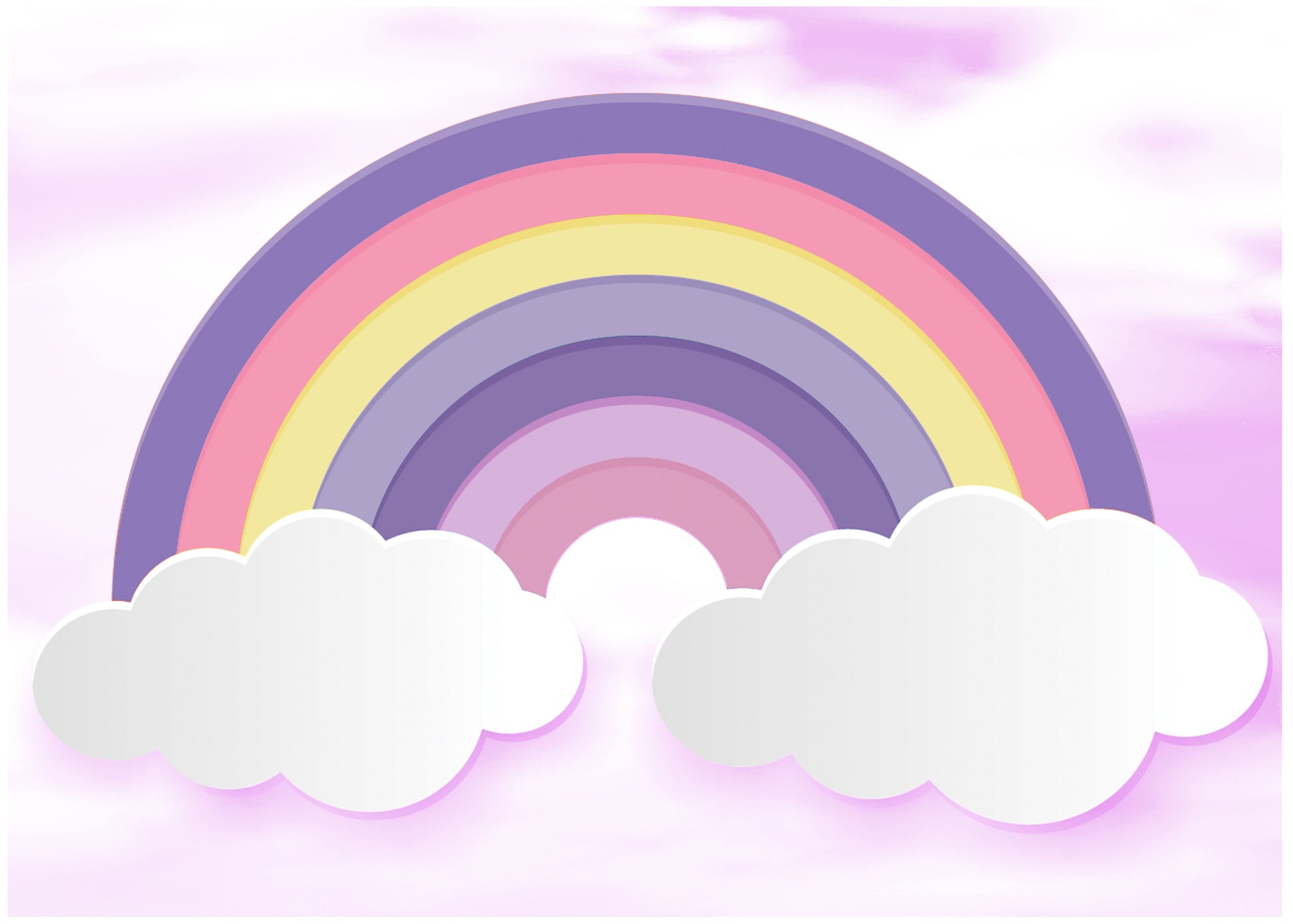 Pastel rainbow arches over fluffy white clouds against a soft pink-purple sky.